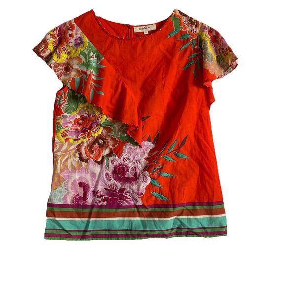 Rene Derhy Red Floral Ruffle Top S 100% Viscose Embroidered Beaded Asymmetric - Picture 1 of 8